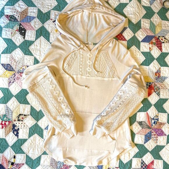 Rewind Lace Overlay Lightweight Pullover Hoodie Cream - Picture 2 of 5